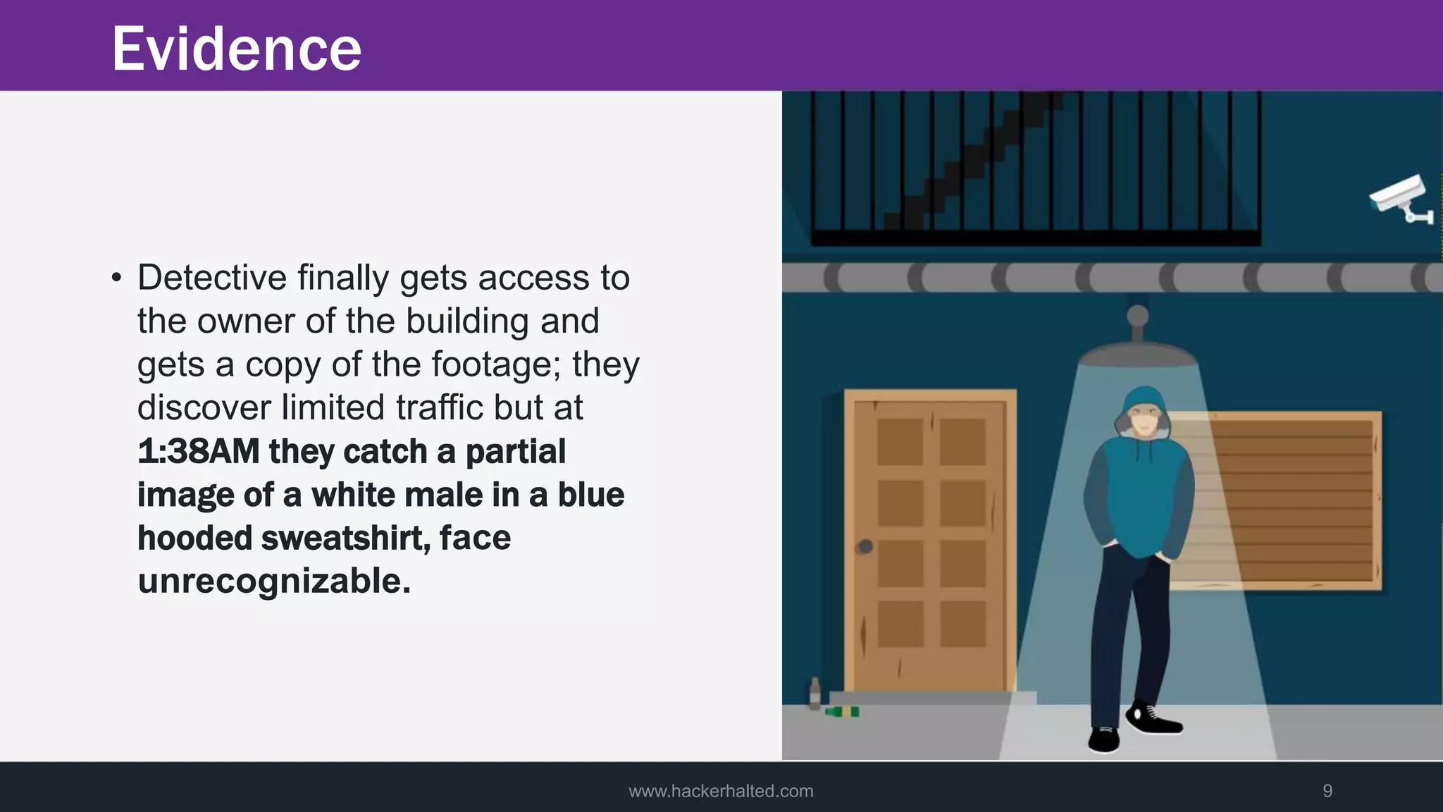 • Detective finally gets access to
the owner of the building and
gets a copy of the footage; they
discover limited traffic but at
1:38AM they catch a partial
image of a white male in a blue
hooded sweatshirt, face
unrecognizable.
www.hackerhalted.com 9
Evidence
 