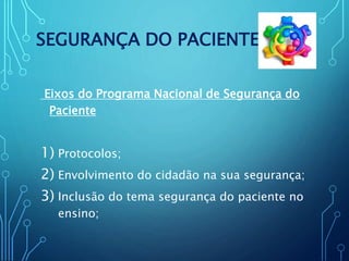 SEGURANÇA DO PACIENTE
Eixos do Programa Nacional de Segurança do
Paciente
1) Protocolos;
2) Envolvimento do cidadão na sua segurança;
3) Inclusão do tema segurança do paciente no
ensino;
 