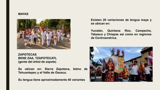 MAYAS
Existen 20 variaciones de lengua maya y
se ubican en:
Yucatán, Quintana Roo, Campeche,
Tabasco y Chiapas así como en regiones
de Centroamérica.
ZAPOTECAS
BENE ZAA, TZAPOTECATL
(gente del árbol de zapote)
Se ubican en: Sierra Zapoteca, Istmo de
Tehuantepec y el Valle de Oaxaca.
Su lengua tiene aproximadamente 40 variantes
 