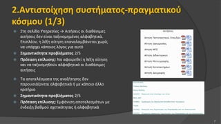 2.Αντιστοίχηση συστήματος-πραγματικού
κόσμου (1/3)
 Στη σελίδα Υπηρεσίες → Αιτήσεις οι διαθέσιμες
αιτήσεις δεν είναι ταξινομημένες αλφαβητικά.
Επιπλέον, η λέξη αίτηση επαναλαμβάνεται χωρίς
να υπάρχει κάποιος λόγος για αυτό
 Σημαντικότητα προβλήματος 2/5
 Πρόταση επίλυσης: Να αφαιρεθεί η λέξη αίτηση
και να ταξινομηθούν αλφαβητικά οι διαθέσιμες
αιτήσεις
 Τα αποτελέσματα της αναζήτησης δεν
παρουσιάζονται αλφαβητικά ή με κάποιο άλλο
κριτήριο
 Σημαντικότητα προβλήματος 2/5
 Πρόταση επίλυσης: Εμφάνιση αποτελεσμάτων με
ένδειξη βαθμού σχετικότητας ή αλφαβητικά
7
 