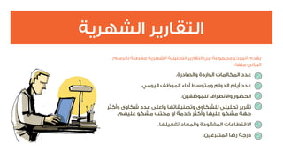 ‫الشهرية‬ ‫التقارير‬
‫بالرسم‬ ‫مفصلة‬ ‫الشهرية‬ ‫التحليلية‬ ‫التقارير‬ ‫من‬ ‫مجموعة‬ ‫المركز‬ ‫يقدم‬
:‫منها‬ ‫البياني‬
.‫والصادرة‬ ‫الواردة‬ ‫المكالمات‬ ‫عدد‬
.‫اليومي‬ ‫الموظف‬ ‫أداء‬ ‫ومتوسط‬ ‫الدوام‬ ‫أيام‬ ‫عدد‬
.‫للموظفين‬ ‫واالنصراف‬ ‫الحضور‬
‫وأكثر‬ ‫شكاوى‬ ‫عدد‬ ‫واعلى‬ ‫وتصنيفاتها‬ ‫للشكاوى‬ ‫تحليلي‬ ‫تقرير‬
.‫عليهم‬ ‫مشكو‬ ‫مكتب‬ ‫او‬ ‫خدمة‬ ‫وأكثر‬ ‫عليها‬ ‫مشكو‬ ‫جهة‬
.‫تفعيلها‬ ‫والمعاد‬ ‫المفقودة‬ ‫االقتطاعات‬
.‫المتبرعين‬ ‫رضا‬ ‫درجة‬
 