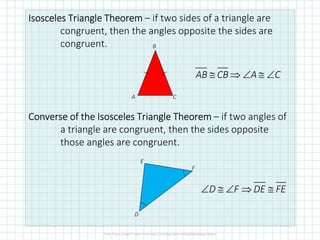 Isosceles TriangleIsosceles TriangleIsosceles TriangleIsosceles Triangle TheoremTheoremTheoremTheorem – if two sides of a triangle are
congruent, then the angles opposite the sides are
congruent.
ConverseConverseConverseConverse of the Isosceles Triangleof the Isosceles Triangleof the Isosceles Triangleof the Isosceles Triangle TheoremTheoremTheoremTheorem – if two angles of
a triangle are congruent, then the sides opposite
those angles are congruent.
C
B
A
AB CB A C≅ ⇒ ∠ ≅ ∠
F
E
D
D F DE FE∠ ≅ ∠ ⇒ ≅
 