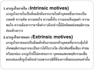 1.แรงจูงใจภายใน (Intrinsic motives)
แรงจูงใจภายในเป็นสิ่งผลักดันจากภายในตัวบุคคลซึ่งอาจจะเป็น
เจตคติ ความคิด ความสนใจ ความตั้งใจ การมองเห็นคุณค่า ความ
พอใจ ความต้องการฯลฯสิ่งต่างๆดังกล่าวนี้มีอิทธิพลต่อพฤติกรรม
ค่อนข้างถาวร
2.แรงจูงใจภายนอก (Extrinsic motives)
แรงจูงใจภายนอกเป็นสิ่งผลักดันภายนอกตัวบุคคลที่มากระตุ้นให้
เกิดพฤติกรรมอาจจะเป็นการได้รับรางวัล เกียรติยศชื่อเสียง คําชม
หรือยกย่อง แรงจูงใจนี้ไม่คงทนถาวร บุคคลแสดงพฤติกรรมเพื่อ
ตอบสนองสิ่งจูงใจดังกล่าวเฉพาะกรณีที่ต้องการสิ่งตอบแทนเท่านั้น
 