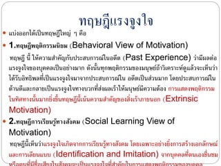 ทฤษฎีแรงจูงใจ
 แบ่งออกได้เป็นทฤษฎีใหญ่ ๆ คือ
 1.ทฤษฎีพฤติกรรมนิยม (Behavioral View of Motivation)
ทฤษฎี นี้ ให้ความสําคัญกับประสบการณ์ในอดีต (Past Experience) ว่ามีผลต่อ
แรงจูงใจของบุคคลเป็นอย่างมาก ดังนั้นทุกพฤติกรรมของมนุษย์ถ้าวิเคราะห์ดูแล้วจะเห็นว่า
ได้รับอิทธิพลที่เป็นแรงจูงใจมาจากประสบการณ์ใน อดีตเป็นส่วนมาก โดยประสบการณ์ใน
ด้านดีและกลายเป็นแรงจูงใจทางบวกที่ส่งผลเร้าให้มนุษย์มีความต้อง การแสดงพฤติกรรม
ในทิศทางนั้นมากยิ่งขึ้นทฤษฎีนี้เน้นความสําคัญของสิ่งเร้าภายนอก (Extrinsic
Motivation)
 2.ทฤษฎีการเรียนรู้ทางสังคม (Social Learning View of
Motivation)
ทฤษฎีนี้เห็นว่าแรงจูงใจเกิดจากการเรียนรู้ทางสังคม โดยเฉพาะอย่างยิ่งการสร้างเอกลักษณ์
และการเลียนแบบ (Identification and Imitation) จากบุคคลที่ตนเองชื่นชม
 