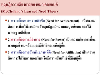 ทฤษฎีความต้องการของแมกเคลแลนด์
(McClelland’s Learned Need Theory
 1. ความต้องการความสาเร็จ (Need for Achievement) เป็นความ
ต้องการที่จะให้งานมีผลสัมฤทธิ์สูง มีความสมบูรณ์แบบ และได้
มาตรฐานดีเยี่ยม
 2. ความต้องการมีอานาจ (Need for Power) เป็นความต้องการที่จะ
ควบคุมสิ่งแวดล้อมและมีอิทธิพลเหนือผู้อื่น
 3. ความต้องการสัมพันธภาพที่ดี (Need for Affiliation) เป็นความ
ต้องการได้รับการยอมรับหรือมีความสัมพันธ์ที่ดีกับผู้อื่น
 