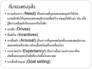 ที่มาของแรงจูงใจ
 ความต้องการ (Need) เป็นสภาพที่บุคคลขาดสมดุลทําให้เกิด
แรงผลักดันให้บุคคลแสดงพฤติกรรมเพื่อสร้าง สมดุลให้ตัวเอง เช่น เมื่อ
รู้สึกว่าเหนื่อยล้าก็จะนอนหรือนั่งพัก
 แรงขับ (Drives)
 สิ่งล่อใจ (Incentives)
 การตื่นตัว (Arousal) เป็นภาวะที่บุคคลพร้อมที่จะแสดงพฤติกรรม
สมองพร้อมที่จะคิด กล้ามเนื้อพร้อมที่จะเคลื่อนไหว
 การคาดหวัง (Expectancy) เป็นการตั้งความปรารถนาที่จะ
เกิดขึ้นของบุคคลในสิ่งที่จะเกิดขึ้นในอนาคต
 การตั้งเป้าหมาย (Goal setting)
 