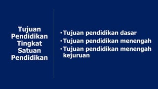 Tujuan
Pendidikan
Tingkat
Satuan
Pendidikan
•Tujuan pendidikan dasar
•Tujuan pendidikan menengah
•Tujuan pendidikan menengah
kejuruan
 