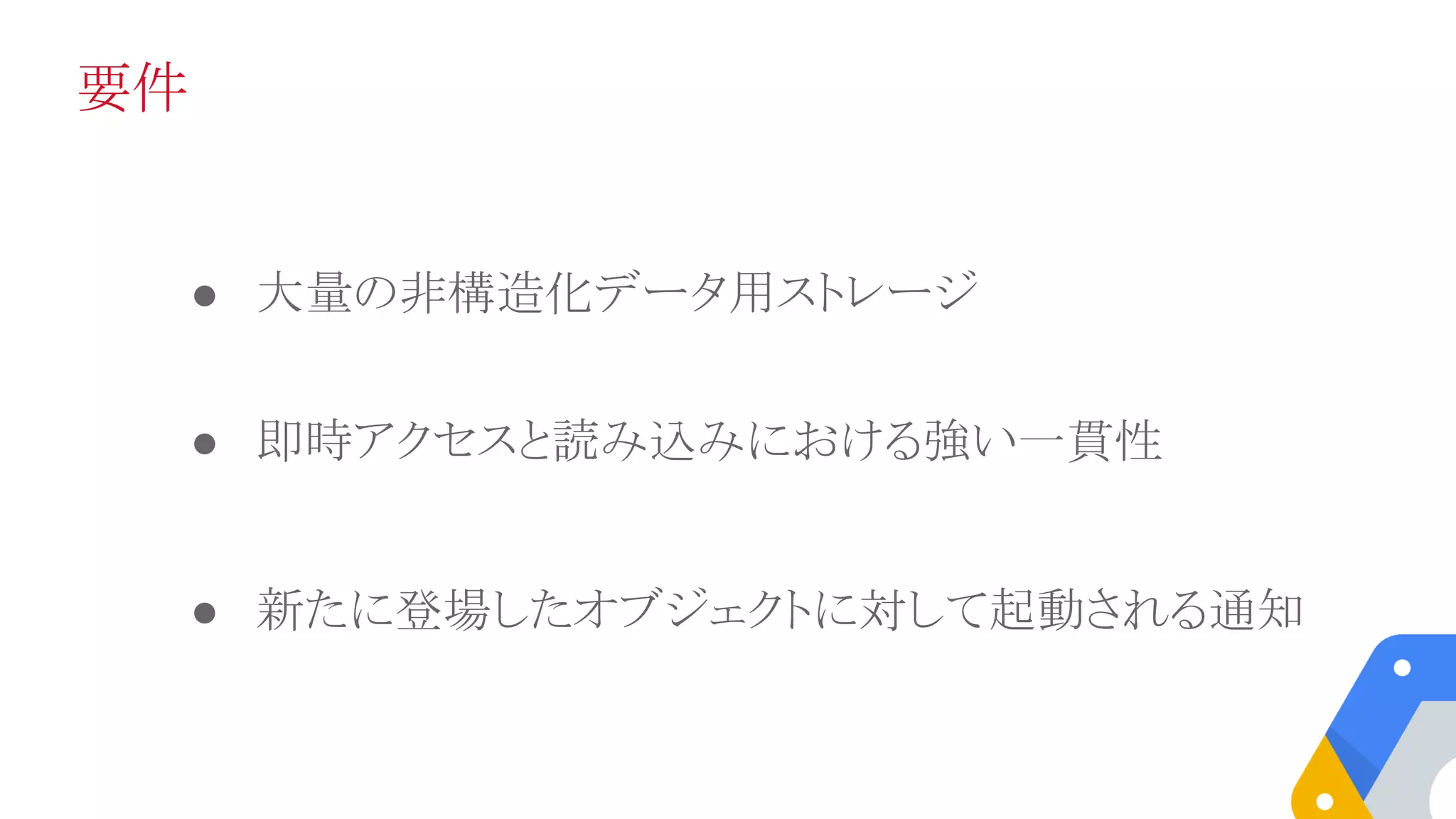要件
● 大量の非構造化データ用ストレージ
● 即時アクセスと読み込みにおける強い一貫性
● 新たに登場したオブジェクトに対して起動される通知
 