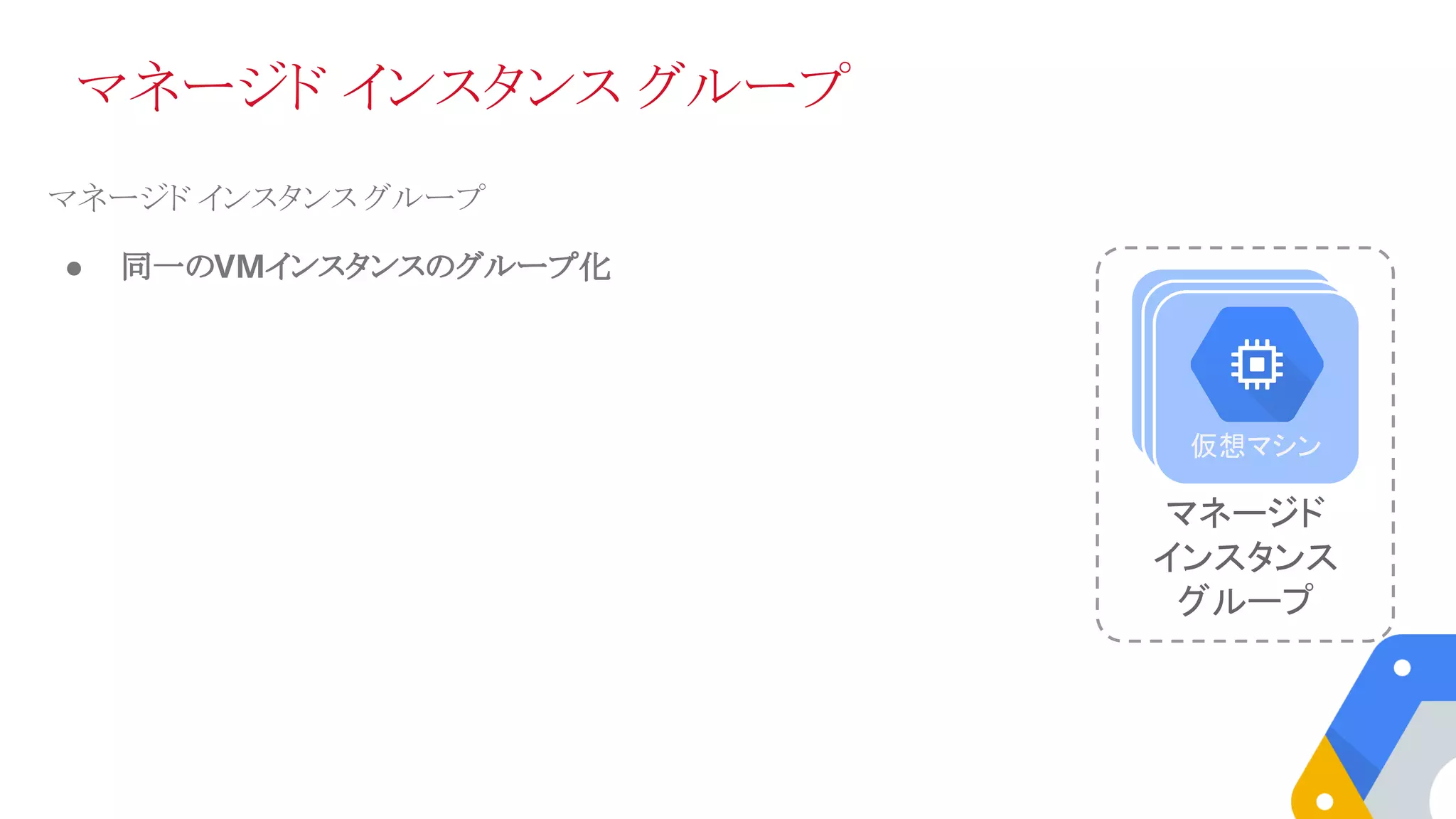 マネージド インスタンス グループ
マネージド インスタンス グループ
● 同一のVMインスタンスのグループ化
マネージド
インスタンス
グループ
VMVM仮想マシン
 