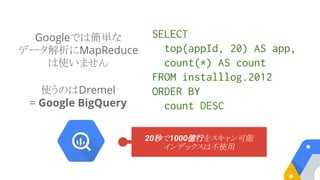 Googleでは簡単な
データ解析にMapReduce
は使いません
使うのはDremel
= Google BigQuery
SELECT
top(appId, 20) AS app,
count(*) AS count
FROM installlog.2012
ORDER BY
count DESC
20秒で1000億行をスキャン可能
インデックスは不使用
 