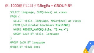 例: 1000億行に対するRegEx + GROUP BY
SELECT language, SUM(views) as views
FROM (
SELECT title, language, MAX(views) as views
FROM [helixdata2:benchmark.Wiki100B]
WHERE REGEXP_MATCH(title, "G.*o.*")
GROUP EACH BY title, language
)
GROUP EACH BY language
ORDER BY views desc
 
