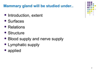 Mammary gland will be studied under..
 Introduction, extent
 Surfaces
 Relations
 Structure
 Blood supply and nerve supply
 Lymphatic supply
 applied
2
 