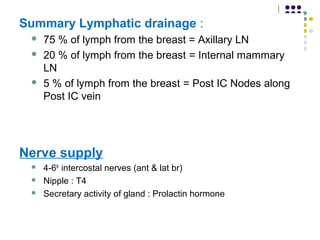 27
Summary Lymphatic drainage :
 75 % of lymph from the breast = Axillary LN
 20 % of lymph from the breast = Internal mammary
LN
 5 % of lymph from the breast = Post IC Nodes along
Post IC vein
Nerve supply
 4-6th
intercostal nerves (ant & lat br)
 Nipple : T4
 Secretary activity of gland : Prolactin hormone
 