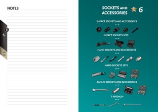 IMPACT SOCKETS AND ACCESSORIES
IMPACT SOCKETS SETS
HAND SOCKETS AND ACCESSORIES
HAND SOCKETS SETS
SOCKETS and
ACCESSORIES
BANLIN SOCKETS AND ACCESSORIES
T-WRENCH
5
182
183
NOTES
6
184 - 194
199 - 228
247 - 252
253 - 254
195 - 198
229- 246
 