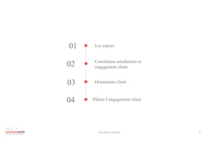 01
02
03
Les enjeux
Corrélation satisfaction et
engagement client
Orientation client
Tous	droits	réservés 2
Piloter l’engagement client04
 
