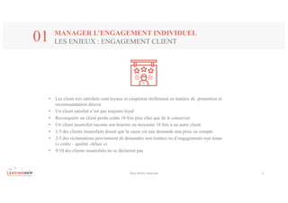 Tous	droits	réservés 3
MANAGER L’ENGAGEMENT INDIVIDUEL
LES ENJEUX : ENGAGEMENT CLIENT01
• Les client très satisfaits sont loyaux et coopèrent réellement en matière de promotion et
recommandation directe
• Un client satisfait n’est pas toujours loyal
• Reconquérir un client perdu coûte 10 fois plus cher que de le conserver
• Un client insatisfait raconte son histoire en moyenne 10 fois à un autre client.
• 1/3 des clients insatisfaits disent que la cause est une demande non prise en compte
• 2/3 des réclamations proviennent de demandes non traitées ou d’engagements non tenus
(« coûts – qualité -délais »)
• 9/10 des clients insatisfaits ne se déclarent pas
 