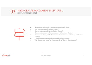 Tous	droits	réservés 5
MANAGER L’ENGAGEMENT INDIVIDUEL
ORIENTATION CLIENT03
-
• Avons-nous une culture d’entreprise centrée sur le client ?
• Nos processus sont-ils orientés clients ?
• Qui est responsable de la satisfaction clients ?
• Comment traitons-nous les demandes et réclamations clients ?
• Fixons-nous des objectifs clairs à nos collaborateurs en matière de satisfaction
clients ?
• Comment identifions nous les risques de perte de clients ?
• Que faisons nous lorsqu’un client nous dit qu’il ne va plus coopérer ?
 