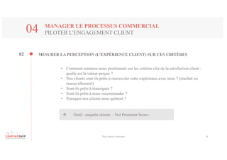 Tous	droits	réservés 8
MANAGER LE PROCESSUS COMMERCIAL
PILOTER L’ENGAGEMENT CLIENT04
MESURER LA PERCEPTION (L’EXPÉRIENCE CLIENT) SUR CES CRITÈRES02
• Comment sommes-nous positionnés sur les critères clés de la satisfaction client :
quelle est la valeur perçue ?
• Nos clients sont-ils prêts à renouveler cette expérience avec nous ? (réachat ou
renouvellement)
• Sont-ils prêts à témoigner ?
• Sont-ils prêts à nous recommander ?
• Pourquoi nos clients nous quittent ?
à Outil : enquête clients - Net Promoter Score -
 