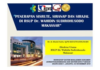 PENERAPAN SISRUTE, SIRANAP DAN SIRAJAL
DI RSUP Dr. WAHIDIN SUDIROHUSODO
MAKASSAR”
Dr. dr. Khalid Saleh, SpPD-KKV,FINASIM,MARS
Direktur Utama
RSUP Dr. Wahidin Sudirohusodo
Makassar
WORKSHOP SISTEM MANAJEMEN DOKUMEN
AKREDITASI(SISMADAK) DAN SISTEM DATA IT SESUAI
SNARS EDISI 1, JAKARTA, 8-9 NOVEMBER 2018
 