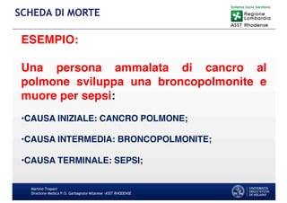 Martino Trapani
Direzione Medica P.O. Garbagnate Milanese –ASST RHODENSE
SCHEDA DI MORTE
ESEMPIO:
Una persona ammalata di cancro al
polmone sviluppa una broncopolmonite e
muore per sepsi:
•CAUSA INIZIALE: CANCRO POLMONE;
•CAUSA INTERMEDIA: BRONCOPOLMONITE;
•CAUSA TERMINALE: SEPSI;
 