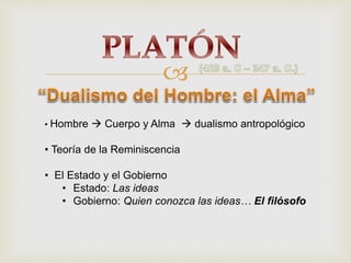 
• Hombre Cuerpo y Alma dualismo antropológico
• Teoría de la Reminiscencia
• El Estado y el Gobierno
• Estado: Las ideas
• Gobierno: Quien conozca las ideas… El filósofo