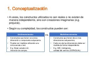 • A veces, los constructos utilizados no son reales o no existen de
manera independiente, sino son creaciones imaginarias (e.g.
prejuicio).
• Según su complejidad, los constructos pueden ser:
vs. Multidimensionales
• Constructos que tienen dos o más
dimensiones subyacentes.
• Cada una de las dimensiones debe ser
medida de forma independiente
• E.g. IMC, inteligencia,
calidad del servicio (SERVQUAL)
Unidimensionales
• Constructos que tienen una única
dimensión o componente subyacente.
• Pueden ser medidos utilizando una
única escala o test.
• E.g. Edad, estado civil,
Intención de compra.
 