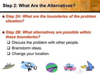 Step 2: What Are the Alternatives?
Step 2A: What are the boundaries of the problem
situation?
Step 2B: What alternatives are possible within
these boundaries?
 Discuss the problem with other people.
 Brainstorm ideas.
 Change your location.
 