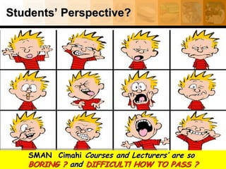 Students’ Perspective?
SMAN Cimahi Courses and Lecturers’ are so
BORING ? and DIFFICULT! HOW TO PASS ?
 