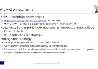 DMS – Components
APEX – (adaptive) policy engine
–  https://ericsson.github.io/apex-docs/ and in ONAP
–  With D-MIM – dist...