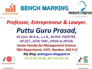 BENCH MARKINGBENCH MARKING
Professor, Entrepreneur & Lawyer.
Puttu Guru Prasad,
M.Com. M.B.A., L.L.B., M.Phil. PGDFTM.
AP.SET., ICFAI TMF., (PhD) at JNTUK.
Senior Faculty for Management Science,
S&H Department, VVIT, Nambur, NSS P.O
My Blog: puttuguru.blogspot.in
93 94 96 98 98, 807 444 95 39,
 