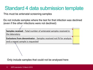 Standard 4 data submission template
11 IDPS standards 13 March 2019
This must be antenatal screening samples
Do not include samples where the test for that infection was declined
(even if the other infections were not declined)
Only include samples that could not be analysed here
 