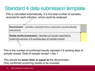 Standard 4 data submission template
12 IDPS standards 13 March 2019
This is calculated automatically. It is the total number of samples
received for each infection, which could be analysed.
This is the number of confirmed results reported ≤ 8 working days of
sample receipt. Date of sample receipt = day 1.
This should be lower than or equal to the denominator.
Only confirmed screening results to be included.
 