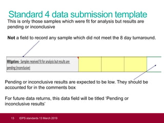 Standard 4 data submission template
13 IDPS standards 13 March 2019
This is only those samples which were fit for analysis but results are
pending or inconclusive
Not a field to record any sample which did not meet the 8 day turnaround.
Pending or inconclusive results are expected to be low. They should be
accounted for in the comments box
For future data returns, this data field will be titled ‘Pending or
inconclusive results’
 