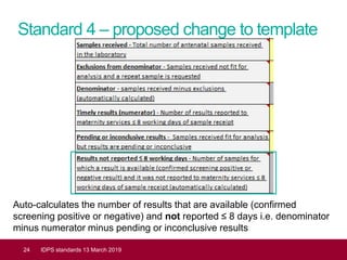 Standard 4 – proposed change to template
24 IDPS standards 13 March 2019
Auto-calculates the number of results that are available (confirmed
screening positive or negative) and not reported ≤ 8 days i.e. denominator
minus numerator minus pending or inconclusive results
 