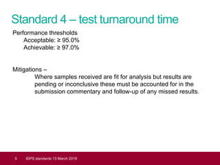 Standard 4 – test turnaround time
5 IDPS standards 13 March 2019
Performance thresholds
Acceptable: ≥ 95.0%
Achievable: ≥ 97.0%
Mitigations –
Where samples received are fit for analysis but results are
pending or inconclusive these must be accounted for in the
submission commentary and follow-up of any missed results.
 