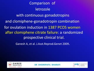 Comparison of
letrozole
with continuous gonadotropins
and clomiphene-gonadotropin combination
for ovulation induction in 1387 PCOS women
after clomiphene citrate failure: a randomized
prospective clinical trial.
Ganesh A, et al. J.Asst.Reprod.Genet 2009.
 
