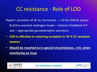 CC resistance - Role of LOD
Rapid < secretion of all ov. hormones - < of the follicle excess
& (intra-ovarian) androgen levels – restores feedback H-P
axis – appropriate gonadotrophin secretion.
• LOD is effective in restoring ovulation in 70 % CC resistant
women.
• Should be resorted to in special circumstances. >LH, when
monitoring an issue.
 