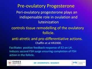 Pre-ovulatory Progesterone
Peri-ovulatory progesterone plays an
indispensable role in ovulation and
luteinization
controls tissue remodelling of the ovulatory
follicle.
anti-atretic and pro-differentiative actions.
Chaffin et al HR2000.
Facilitates positive feedback response of E2 on LH.
Induces second FSH surge ensuring completion of FSH
action in the follicle.
 