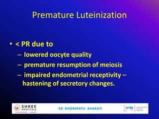 Premature Luteinization
• < PR due to
– lowered oocyte quality
– premature resumption of meiosis
– impaired endometrial receptivity –
hastening of secretory changes.
 