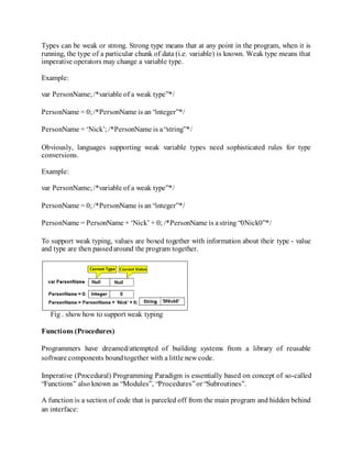 Types can be weak or strong. Strong type means that at any point in the program, when it is
running, the type of a particular chunk of data (i.e. variable) is known. Weak type means that
imperative operators may change a variable type.
Example:
var PersonName;/*variable of a weak type”*/
PersonName = 0;/*PersonName is an “integer”*/
PersonName = ‘Nick’; /*PersonName is a“string”*/
Obviously, languages supporting weak variable types need sophisticated rules for type
conversions.
Example:
var PersonName;/*variable of a weak type”*/
PersonName = 0;/*PersonName is an “integer”*/
PersonName = PersonName + ‘Nick’ + 0; /*PersonName is astring “0Nick0”*/
To support weak typing, values are boxed together with information about their type - value
and type are then passedaround the program together.
Fig . show how to support weak typing
Functions (Procedures)
Programmers have dreamed/attempted of building systems from a library of reusable
software components boundtogether with a little new code.
Imperative (Procedural) Programming Paradigm is essentially based on concept of so-called
“Functions” also known as “Modules”, “Procedures”or “Subroutines”.
A function is a section of code that is parceled off from the main program and hidden behind
an interface:
 