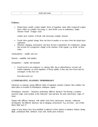 teeth and scales.
Evidence:
 Deeper layers usually contain simpler forms of organisms much older compared to upper
layers which are complex but young i.e. most fossils occur in sedimentary simple
structure fossils. Younger rocks
contain more varieties of fossils with increasing complex structure.
 Fossils show gradual change from one form to another as we move from the deeper layer
cupboards.
 Therefore changing environment may have favored a mechanism for evolutionary change
that account for a progressive change in the structure of the organic e.g. fossils we have
today.
Archaeopteryx – reptilia and aves
Symoria - amphibia and reptilian
Synognathics – reptilia and mammals
 Fossil record is not continuous i.e. missing links due to unfossilization of some soft
bodied organisms on, dead organisms of decay rapidly or they may have been eaten by
scavengers or they have not
been discovered yet.
2. COMPARATIVE ANATOMY/ MORPHOLOGY
Likenesses in anatomy among different kinds of organisms produce evidence that evolution has
taken place as revealed by homologous analogous organs.
Homologous structures – Structures performing different functions but showing a common
ancestral origin some position in the embryonic state and have the same microscopic origin of
tissue.
Organs with different functions with similar basic form, microscopic structure, embryonic
development but different functions due to changing environment. E.g. ear bones – jaw of fish,
haters (hind pair of
wings in most insects have been modified in dipteral to form natters) to maintain balance during
flight, pentadactyl limb, fertilized ovary wall, mouth parts of insects.
 