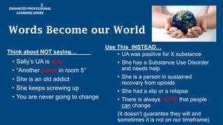 • UA was positive for X substance
• She has a Substance Use Disorder
and needs help
• She is a person in sustained
recovery from opioids
• She had a slip or a relapse
• There is always HOPE that people
can change
(It doesn’t guarantee they will and
sometimes it is not on our timeframe)
Use This INSTEAD…
• Sally’s UA is dirty
• “Another junkie in room 5”
• She is an old addict
• She keeps screwing up
• You are never going to change
Think about NOT saying…
Words Become our World
 