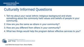 Used With Permission From: Diana Padilla
1. Tell me about your racial /ethnic /religious background and share
something about the commonly held values and beliefs of people in your
community.
2. How are you the same as others in your community?
3. How are you different from others in your community?
4. What two things would help the program deliver effective services to you?
Culturally Informed Questions
 