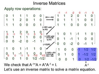 Inverse Matrices
Apply row operations:
0 1 1 1 0 0
1 1 2 0 1 0
1 1 0 0 0 1
(-1)R2 add
to R1
0 1 1 1 0 0
1 1 2 0 1 0
1 1 0 0 0 1
R1 R2
-1 -1 -2 0 -1 0
0 1 1 1 0 0
1 1 2 0 1 0
0 0 -2 0 -1 1
0 -1 -1 -1 0 0
0 1 -1 1 0 0
1 0 1 -1 1 0
0 0 -2 0 -1 1
(-1)R1 add
to R3
0 1 0 1 -1/2 1/2
1 0 0 -1 1/2 1/2
0 1 -1 1 0 0
1 0 1 -1 1 0
0 0 1 0 1/2 -1/2
0 0 -1 0 -1/2 1/2
(-1)R3 + R1
(-1/2)R3
R3 + R2
0 0 1 0 1/2 -1/2
=
A-1We check that A-1*A = A*A-1 = I.
Let’s use an inverse matrix to solve a matrix equation.
 