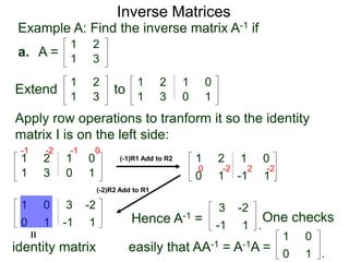 Example A: Find the inverse matrix A-1 if
Inverse Matrices
a. A =
1 2
1 3
Extend
1 2
1 3
to
1 2 1 0
1 3 0 1
Apply row operations to tranform it so the identity
matrix I is on the left side:
1 2 1 0
1 3 0 1
(-1)R1 Add to R2
-1 -2 -1 0
1 2 1 0
0 1 -1 1
0 -2 2 -2
1 0 3 -2
0 1 -1 1
(-2)R2 Add to R1
=
identity matrix
Hence A-1 =
3 -2
-1 1 .
One checks
easily that AA-1 = A-1A =
1 0
0 1 .
 