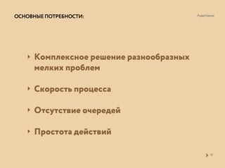 ОСНОВНЫЕПОТРЕБНОСТИ: Аудитория
Комплексное решение разнообразных
мелких проблем
Скорость процесса
Отсутствие очередей
Простота действий
17
 