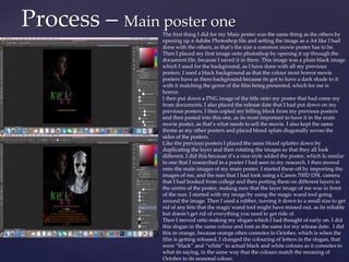 Process – Main poster one
The first thing I did for my Main poster was the same thing as the others by
opening up a Adobe Photoshop file and setting the image as a A4 like I had
done with the others, as that’s the size a common movie poster has to be.
Then I placed my first image onto photoshop by opening it up through the
document file, because I saved it in there. This image was a plain black image
which I used for the background, as I have done with all my previous
posters. I used a black background as that the colour most horror movie
posters have as there background because its got to have a dark shade to it
with it matching the genre of the film being presented, which for me is
horror.
I then put down a PNG image of the title onto my poster that had come my
from documents. I also placed the release date that I had put down on my
previous posters. I then copied my billing block from my previous posters
and then pasted into this one, as its most important to have it in the main
movie poster, as that’s what needs to sell the movie. I also kept the same
theme as my other posters and placed blood splats diagonally across the
sides of the posters.
Like the previous posters I placed the same blood splatter down by
duplicating the layer and then rotating the images so that they all look
different. I did this because it’s a nice style added the poster, which Is similar
to one that I researched in a poster I had seen in my research. I then moved
onto the main images of my main poster. I started these off by importing the
images of me, and the nun that I had took using a Canon 700D DSL camera
that I had booked from college and then putting them on different layers in
the centre of the poster, making sure that the layer image of me was in front
of the nun. I started with my image by using the magic wand tool going
around the image. Then I used a rubber, turning it down to a small size to get
rid of any bits that the magic wand tool might have missed out, as its reliable
but doesn’t get rid of everything you need to get ride of.
Then I moved onto making my slogan which I had thought of early on. I did
this slogan in the same colour and font as the same for my release date. I did
this in orange, because orange often connotes to October, which is when the
film is getting released. I changed the colouring of letters in the slogan, that
were “black” and “white” to actual black and white colours as it connotes to
what its saying, in the same way that the colours match the meaning of
October to its seasonal colour.
 