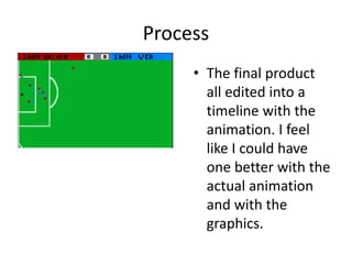Process
• The final product
all edited into a
timeline with the
animation. I feel
like I could have
one better with the
actual animation
and with the
graphics.
 