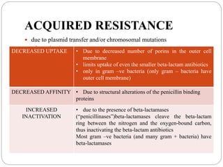 ACQUIRED RESISTANCE
 due to plasmid transfer and/or chromosomal mutations
 - 3 mechanismsDECREASED UPTAKE • Due to decreased number of porins in the outer cell
membrane
• limits uptake of even the smaller beta-lactam antibiotics
• only in gram –ve bacteria (only gram – bacteria have
outer cell membrane)
DECREASED AFFINITY • Due to structural alterations of the penicillin binding
proteins
INCREASED
INACTIVATION
• due to the presence of beta-lactamases
(“penicillinases”)beta-lactamases cleave the beta-lactam
ring between the nitrogen and the oxygen-bound carbon,
thus inactivating the beta-lactam antibiotics
Most gram –ve bacteria (and many gram + bacteria) have
beta-lactamases
 