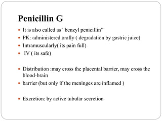 Penicillin G
 It is also called as “benzyl penicillin”
 PK: administered orally ( degradation by gastric juice)
 Intramuscularly( its pain full)
 IV ( its safe)
 Distribution :may cross the placental barrier, may cross the
blood-brain
 barrier (but only if the meninges are inflamed )
 Excretion: by active tubular secretion
 